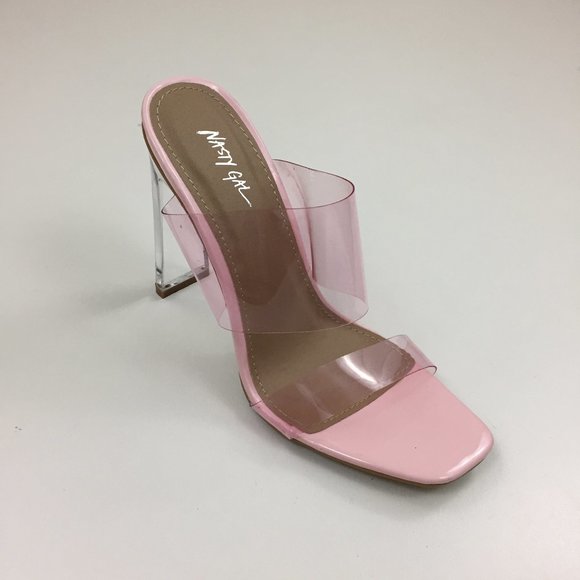 NWOB NASTY GAL Clear Block Heel Pink Transparent Straps Shoes - Picture 1 of 9